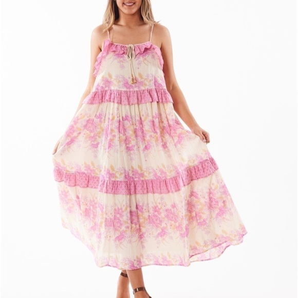 house of she Dresses & Skirts - Pink Floral Romantic Gypsy Maxi Long Ruffle Dress - beautiful Spring Dress